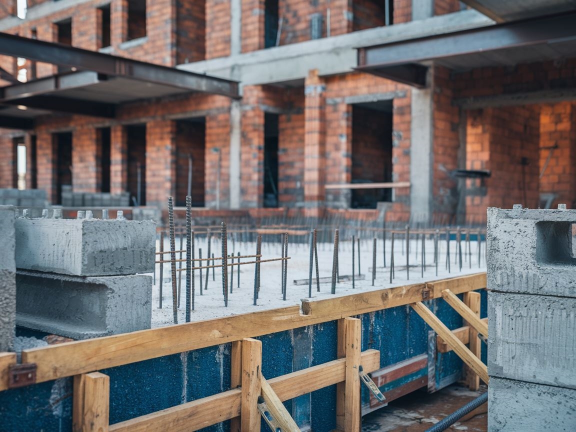 Stos bloczków betonowych przygotowanych do fundamentu